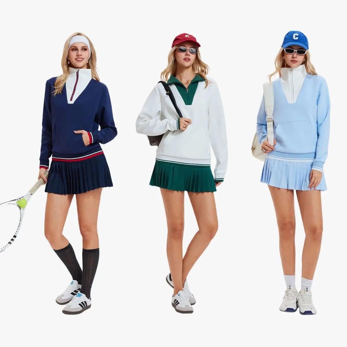 

Fashion Color-Block Hoodie with Stand Collar, Half-Zip, Long Sleeves Fall/Winter Golf-Style Collar, Fake Two-Piece Top