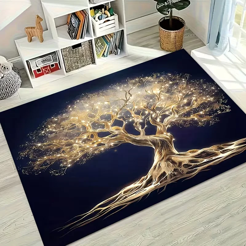 Golden Glowing Tree of Life Area Rug Dark Blue Background Soft Floor Mat Art Carpet for Living Room Bedroom Indoor Home Decor