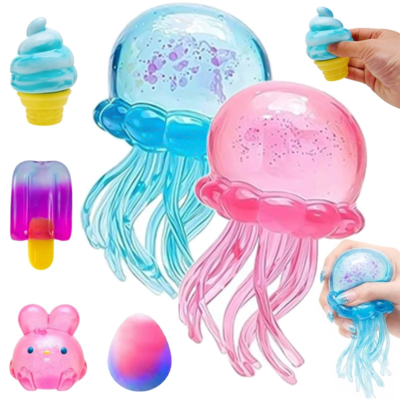 Jellyfish Squishy Fidget Set Rabbit Ice Cream Cone Stress Relief Anti-Anxiety Sensory Squeeze Toys Waterproof Water Play Gift