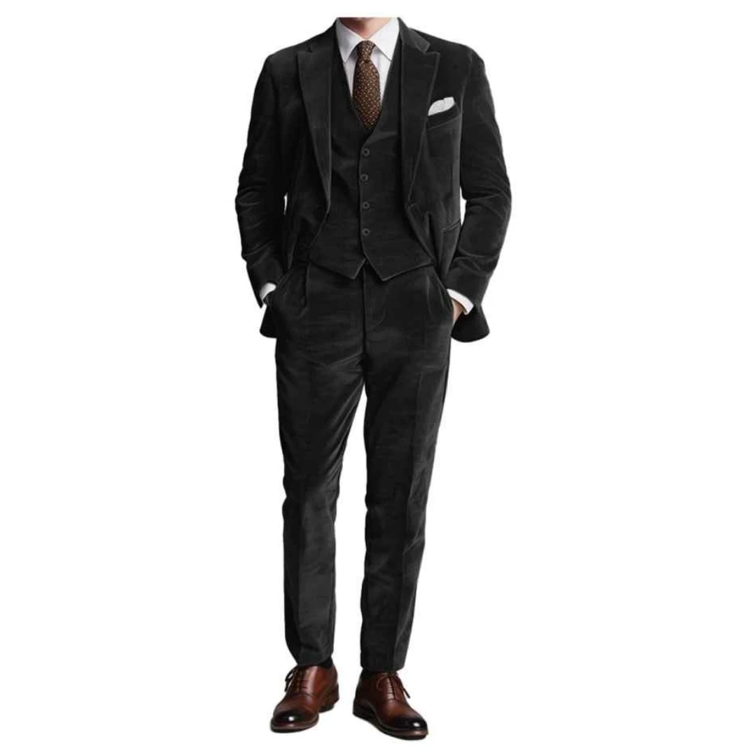 Immagine 3: Abito da Uomo Nero in Cotone per Cerimonia e Matrimonio, Vestito Slim Fit da Sposo, Set 3 Pezzi: Blazer con Risvolto a Tacca, Gilet e Pantaloni
