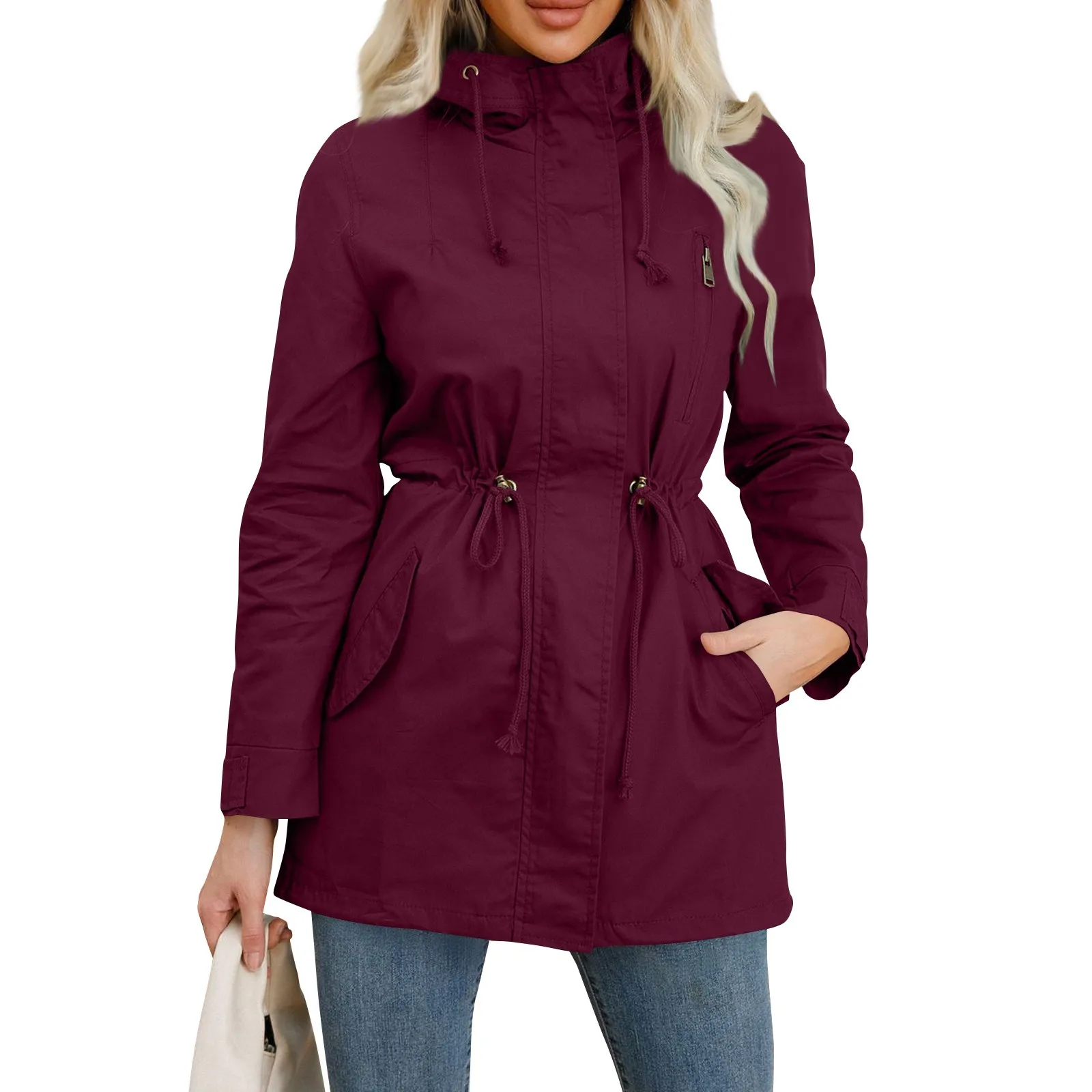 

Women Hooded Trench Coat Spring And Autumn New Fitting Solid Jackets Daily Outdoor Camping Hiking Comfortable All-Match Jackets