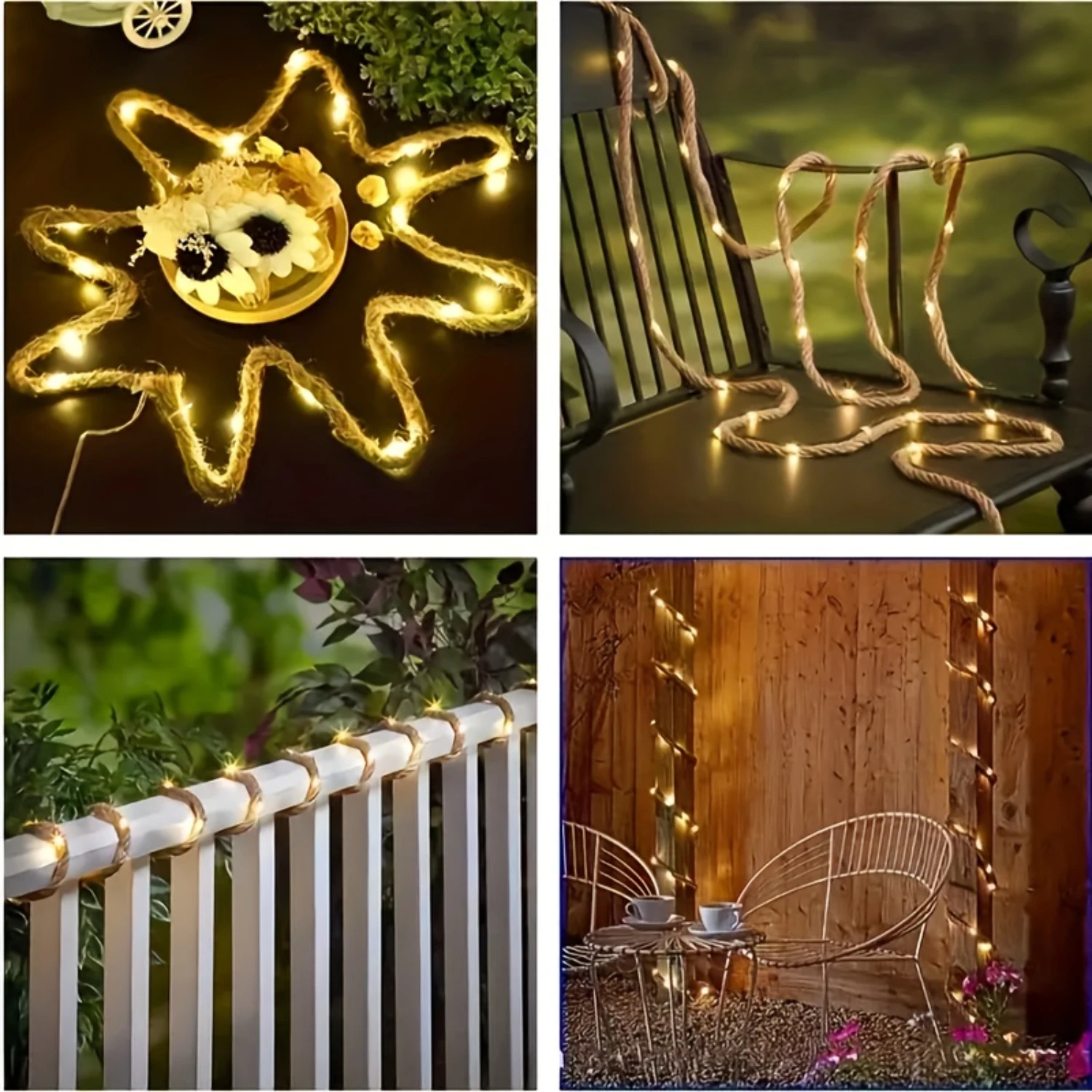 Luz solar impermeável da corda para a decoração do jardim, corda de cânhamo retro, fio de cobre, branco quente, ao ar livre, Camping, LED, 100.200, 8 modos