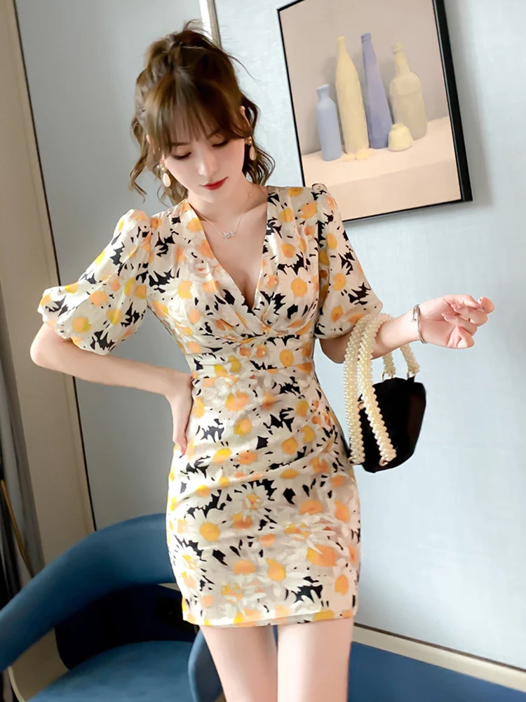 

New Arrival Comfortable Slim Print Formal Dress Temperamental Vintage Elegant Work Style Cute Sexy V-neck Mini Pencil Dress