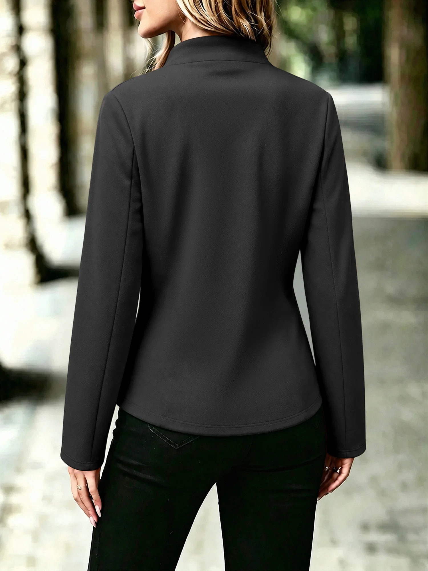 Chic Women Minimalist Stand Collar Blazer Long Sleeve Solid Slim Fit Cardigan Style Suit Jacket