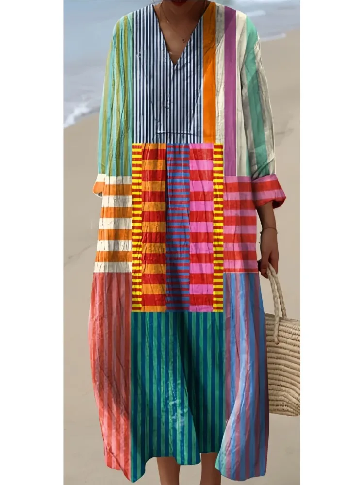 Women's Fashion Print Dress Casual V Neck Long Sleeve Loose Pullover Dresses For Women Boho Holiday Skirts Womens Clothing New