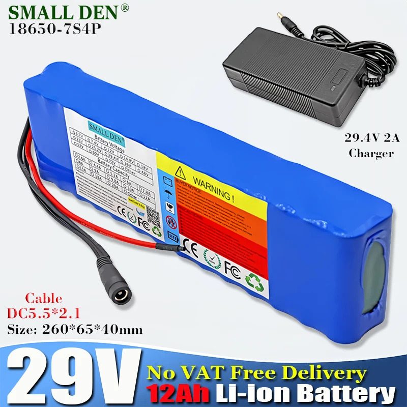 

29V 12Ah Lithium ion battery pack+2A Charger 18650 7S4P 0-450W 29.4V Electric bicycle scooter Mower wheelchair battery With BMS