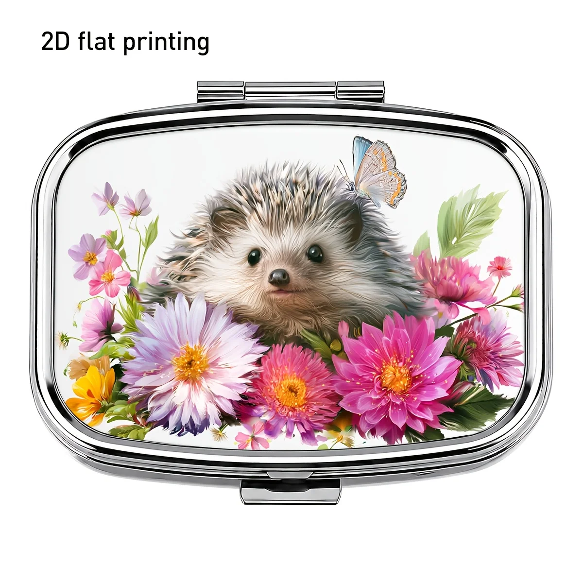 Retro Pink Flower Hedgehog Pattern Square Medicine Storage Box, Small Metal Pill Box, Two-Compartment Design, Portable for Storing Vitamins, Jewelry, and Small Items, Durable for Outdoor Travel and Daily Use, Gift