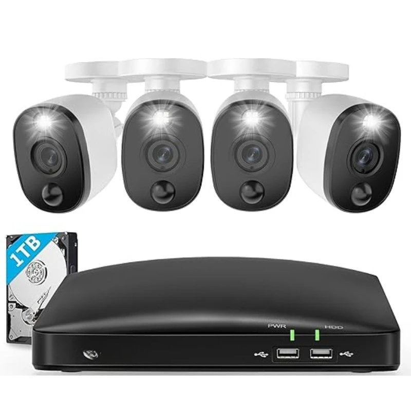 Home DVR Security Camera System with 1TB HDD, 8 Channel 4 Camera, 1080p Full HD Video, Indoor or Outdoor Wired Surveillance