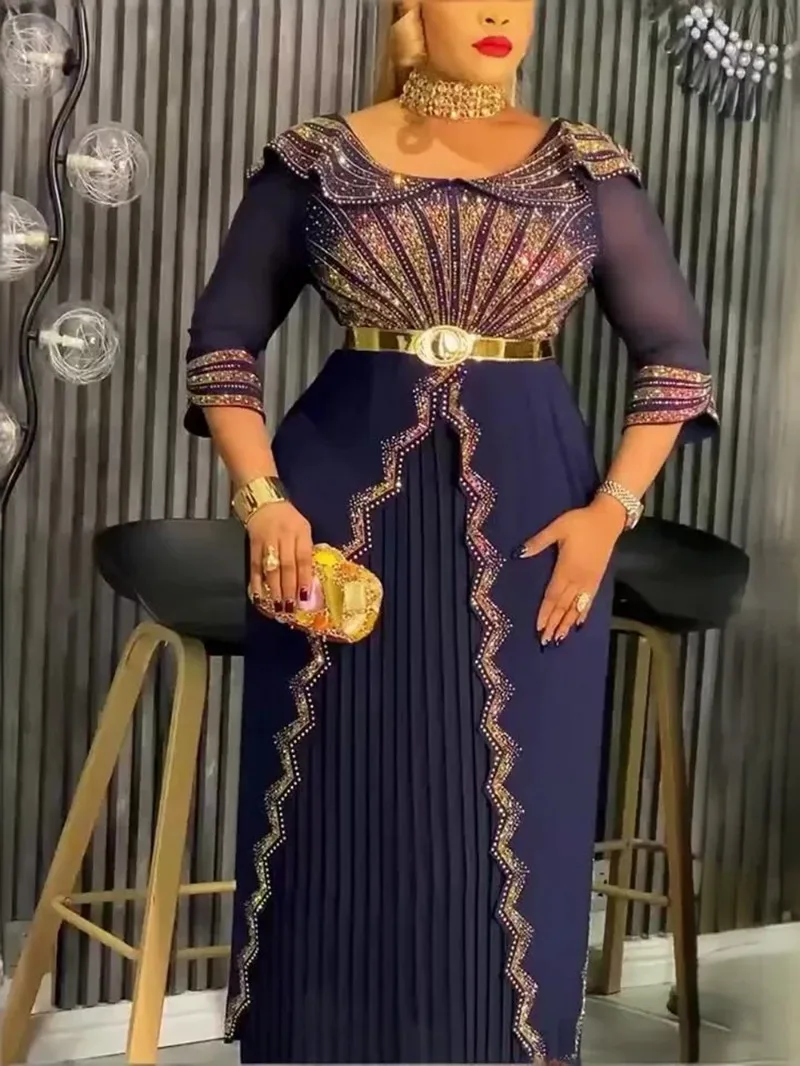 فساتين الحفلات الأفريقية مقاس كبير للنساء Dashiki الماس مطوي فستان طويل أنيق تركيا مسلم ثوب مسائي الزفاف