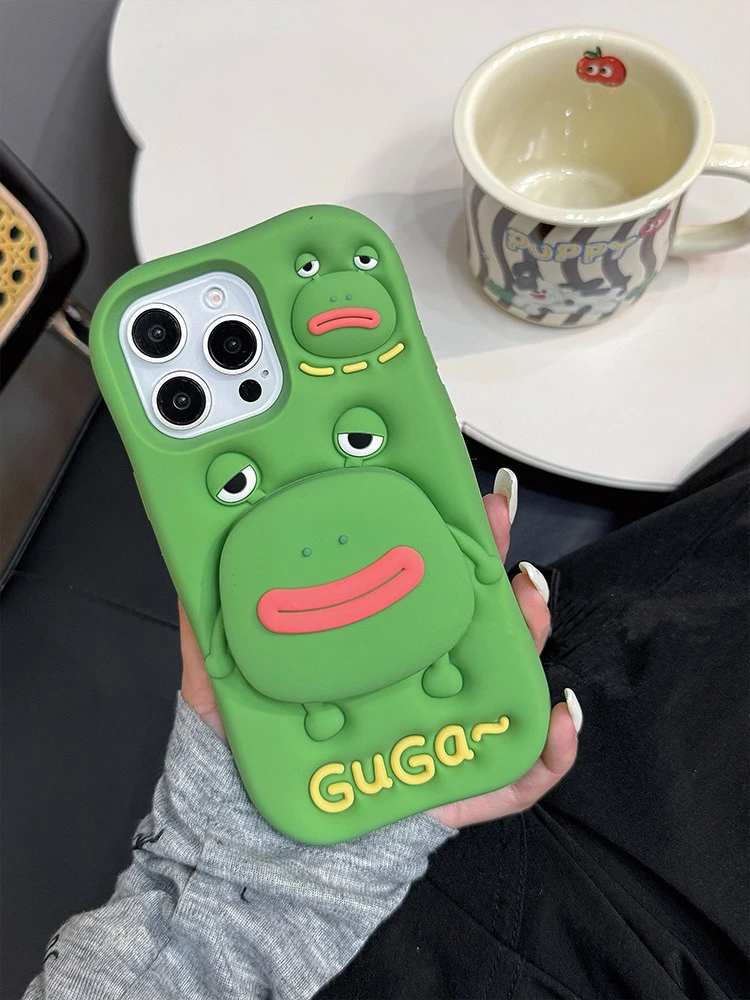 Funny 3D Cute Big Mouth Frog Silicone Hidden Holder Case For iPhone 11 12 13 14 15 16 17 Pro Max Shockproof Phone Cover