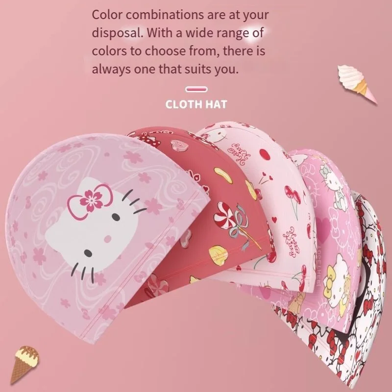 جديد مرحبا كيتي الطباعة قبعة قماش مرنة محيط الرأس الكبير الأطفال الكبار الفتيات رقيقة تنفس قبعة السباحة للماء #4