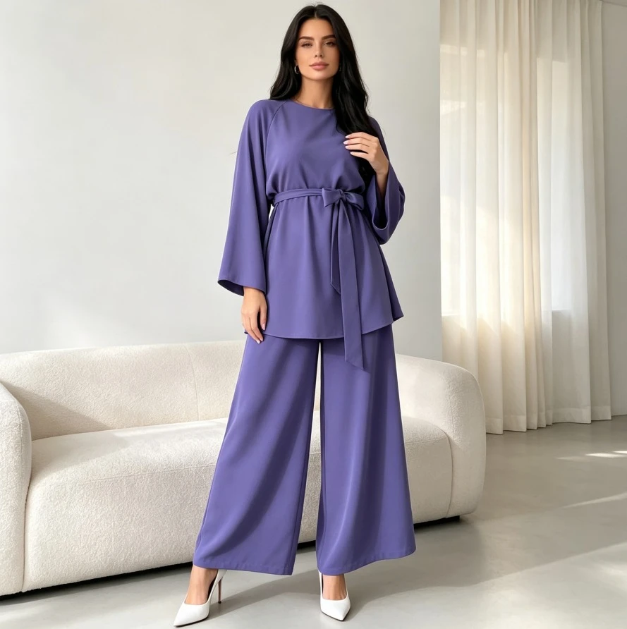 Muslim Sets Women Blouse Wide Leg Pants 2 Piece Suit Ramadan Sashes Morocco Dubai Islam Top Trousers Ensemble Eid Outfits