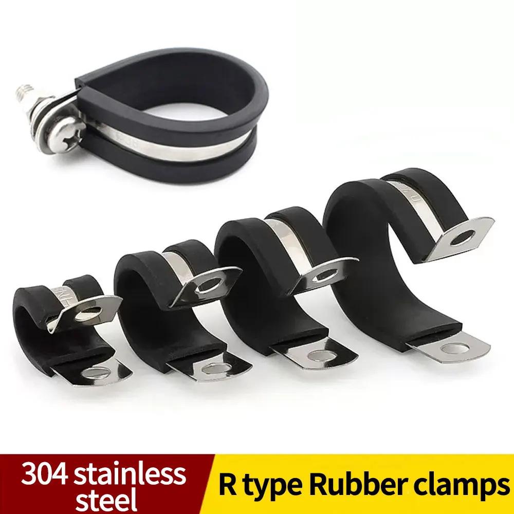 M6M8M10M12~M46 304 stainless steel rubber lined R-type pipe clamps cable installation clamps wire riding card fixed hose clamps