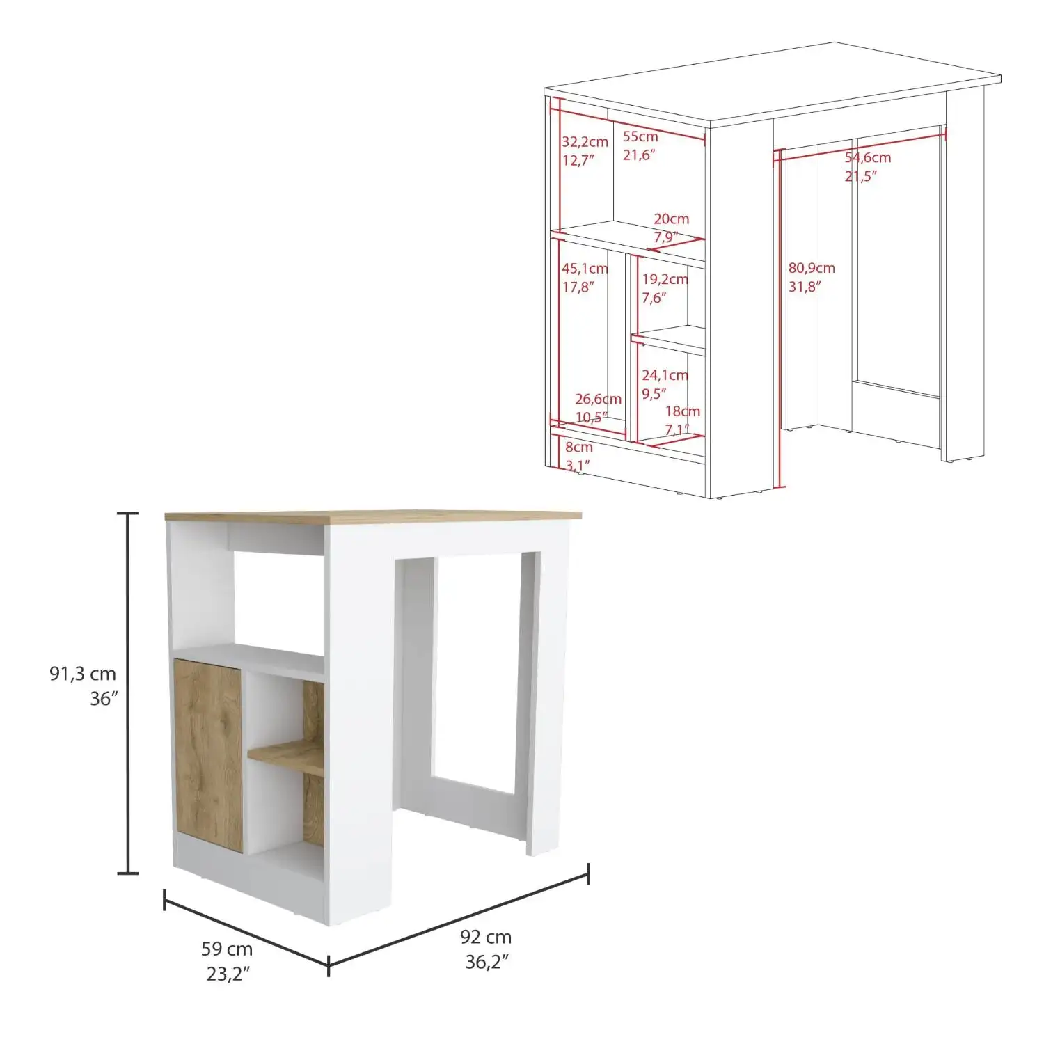 Stirling Kitchen Island with 1-Door Cabinet Push to open System and Side Shelves White / Macadamia