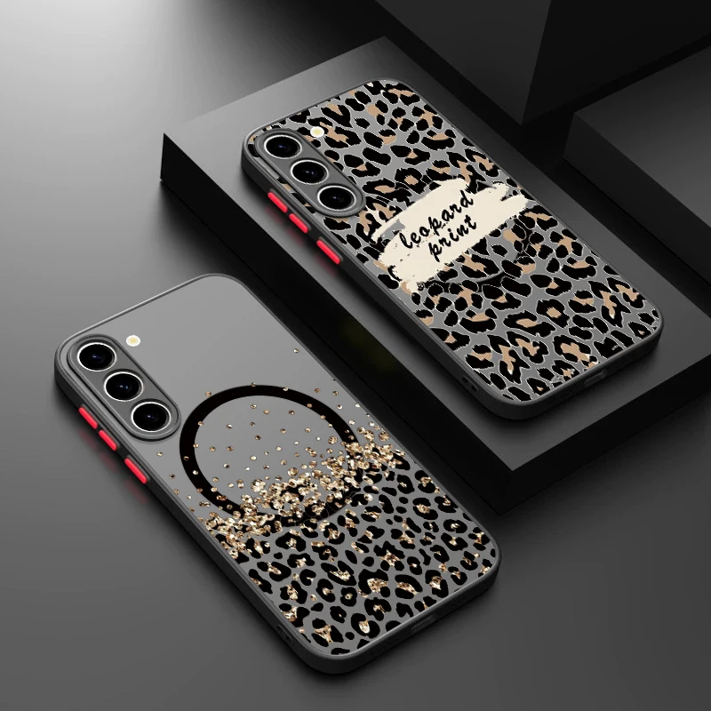 Leopard Print Magnetic Case For Samsung Galaxy S26 S25 S23 S22 S24 Ultra S24 S25 FE For Magsafe Matte Acrylic Hard Phone Cover