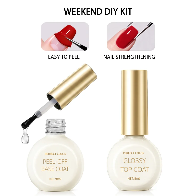 PERFECT COLOR Weekend DIY Kit, Peel Off Base Gel & Glossy Top Coat Set, Quick Change Nail Gel for DIY Manicure, UV LED Cure