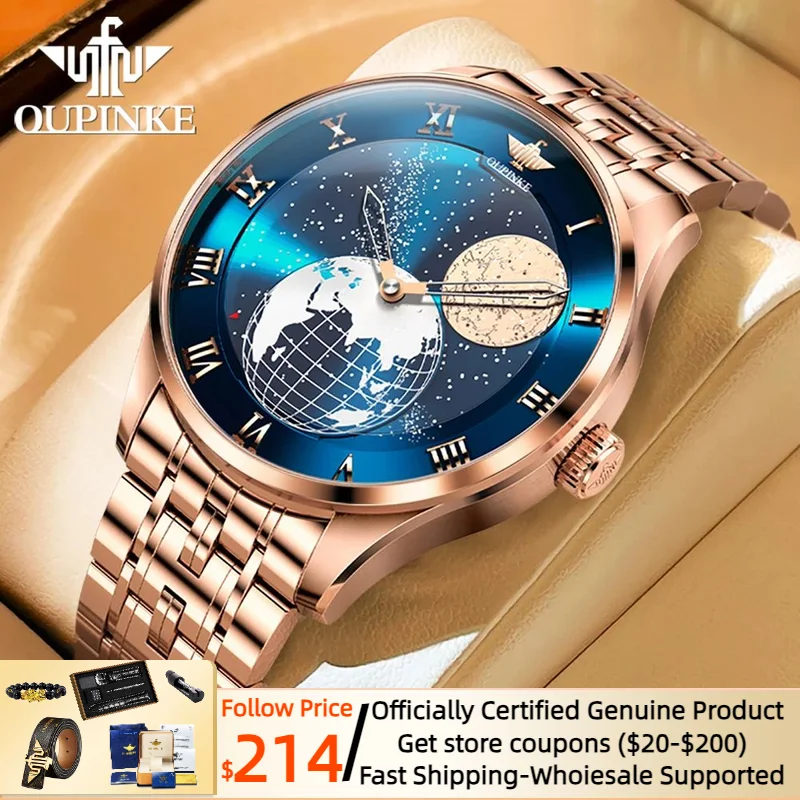 OUPINKE Automatic Mechanical Men's Watch 3D Earth Starry sky Rotating Dial Japan Movement Stainless steel Luxury Watch TOP Brand