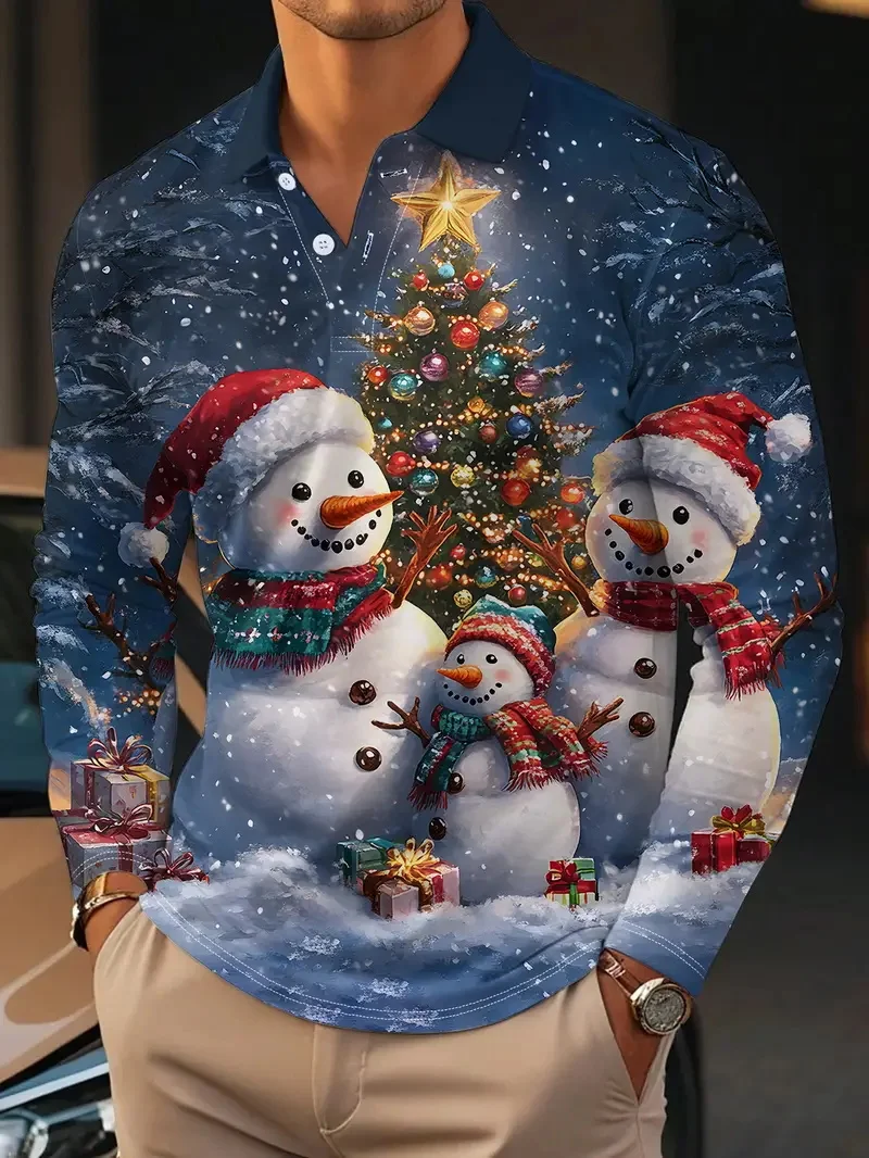 

Men's Christmas Graphic Long Sleeve Polo Shirts 3D Printed Snowman Pattern Button Lapel Pullover Fashion Casual Oversize Clothes