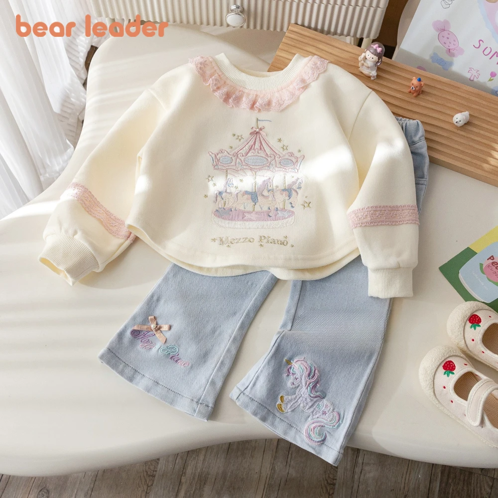 Bear Leader 2025 Autumn Sweet and Cute Kids Clothes Girls Cartoon Embroidery Long Sleeve Lace Round Neck Top+Jeans 2 Pcs Set