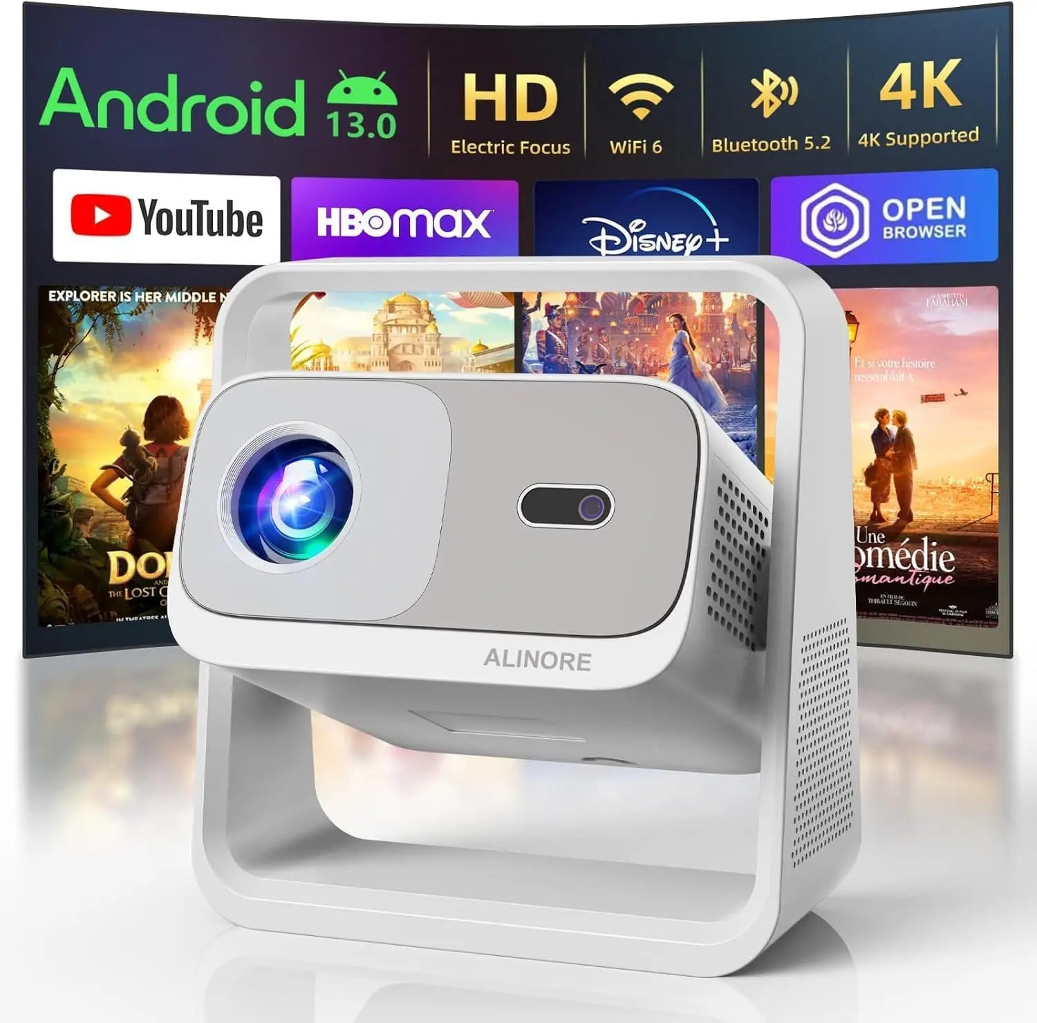 

Smart WiFi Bluetooth Projector with Auto Focus, 1080P HD & 4K Support, Portable Home Theater Movie Projector