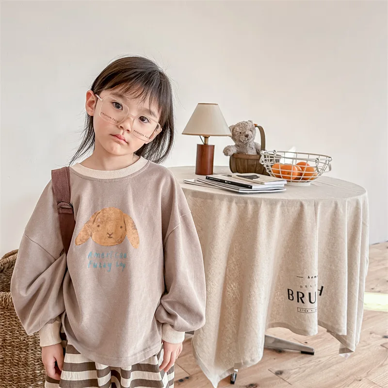 2024 Spring Kids clothes pullover cartoon bunny contrast color long sleeve T shirts Boys Girls cotton loose Tops