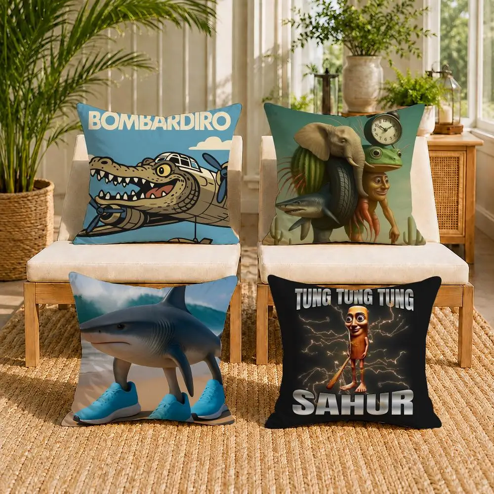 Italian Brain Rot Meme Tralalero Tralala Cushion Cover Soft Short Plush Double-Sided Printing Home Decor Machine Washable Gift