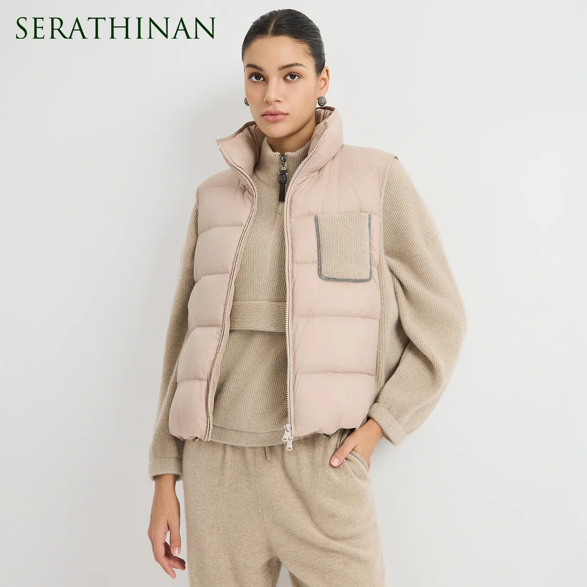 BY3621824 Women's Goose Down Puffer Vest Stand Collar Rib Knit Panel Chain-Trim Pocket Two-Way Zip Quiet Luxury Warm Winter