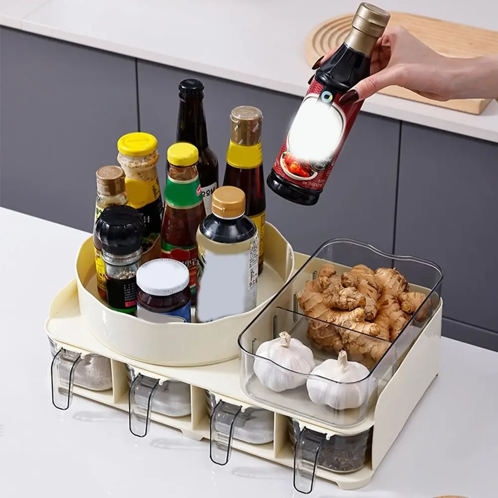 

Plastic Countertop Spice Jar and Rack Set Large Capacity Space Saving Condiment Box Rotatable Detachable