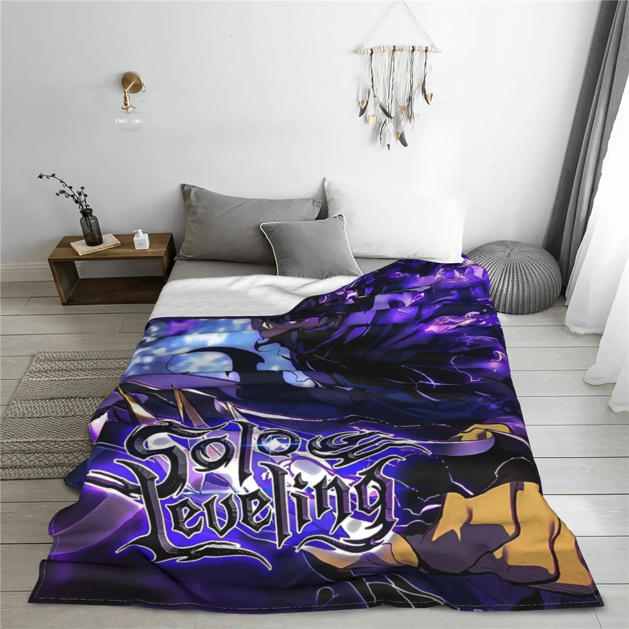 Anime Sung Jinwoo Blankets Flannel Printed Solo Leveling  Multifunction Soft Throw Blanket for Bedding Travel Plush Thin Quilt
