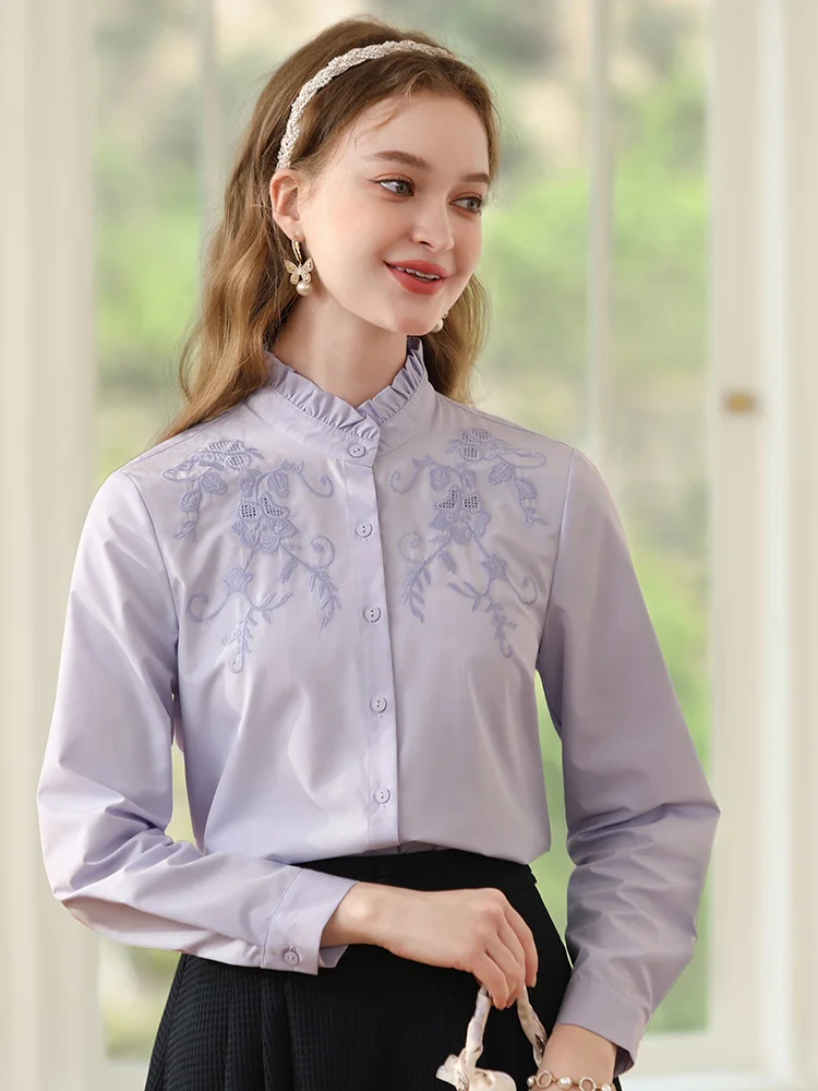 I BELIEVE YOU Purple French Women Shirt 2023 New Autumn Chic Embroidery Stand Collar Long Sleeve Blouse&Shirt Female 2233055342