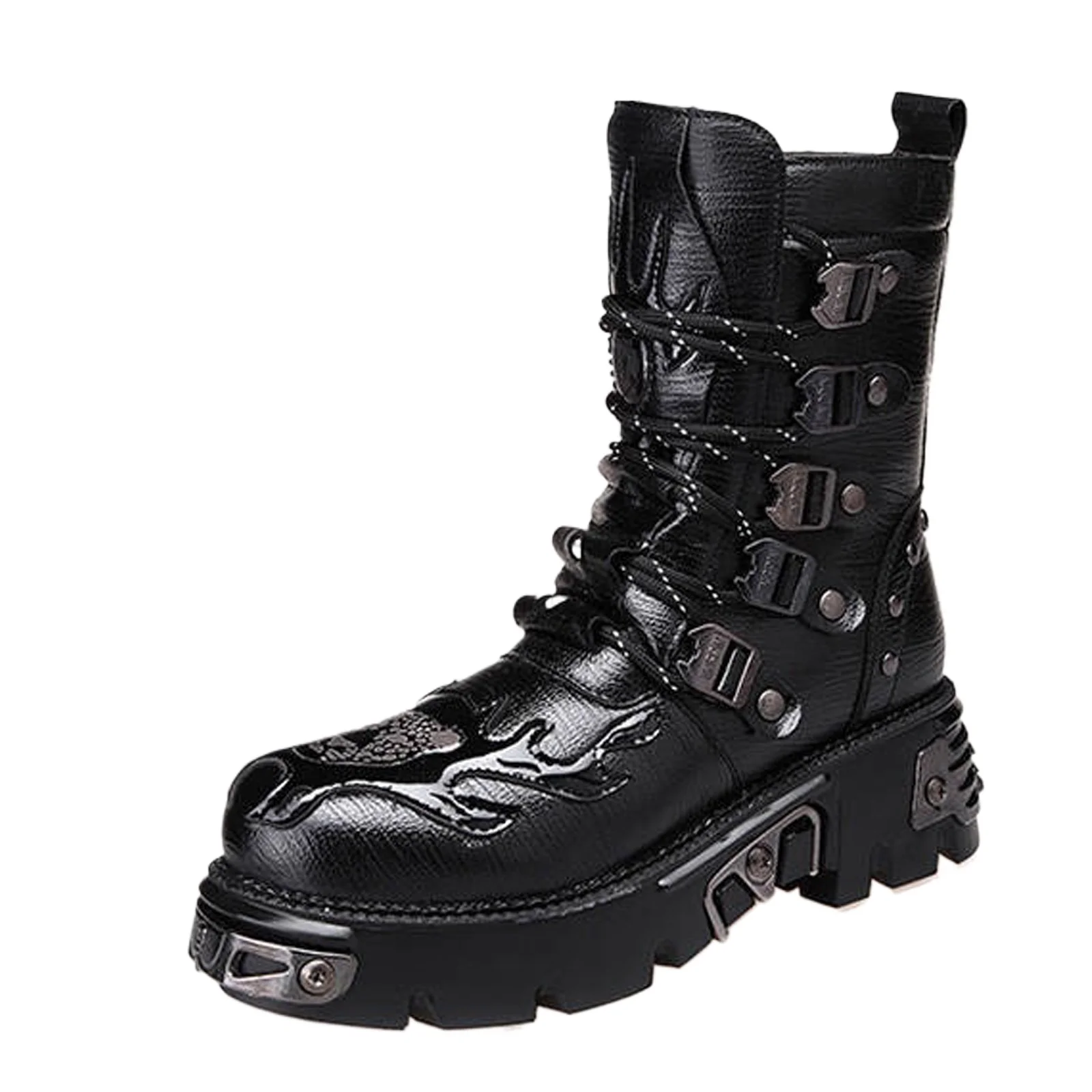 

Fashion New Retro Goth Skull Punk Men's Genuine Leather Motorcycle Boots Platform Rubber Warm Mid-Calf Western Combat Boots