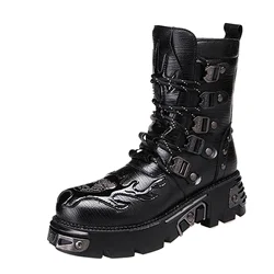 Fashion New Retro Goth Skull Punk Men's Genuine Leather Motorcycle Boots Platform Rubber Warm Mid-Calf Western Combat Boots