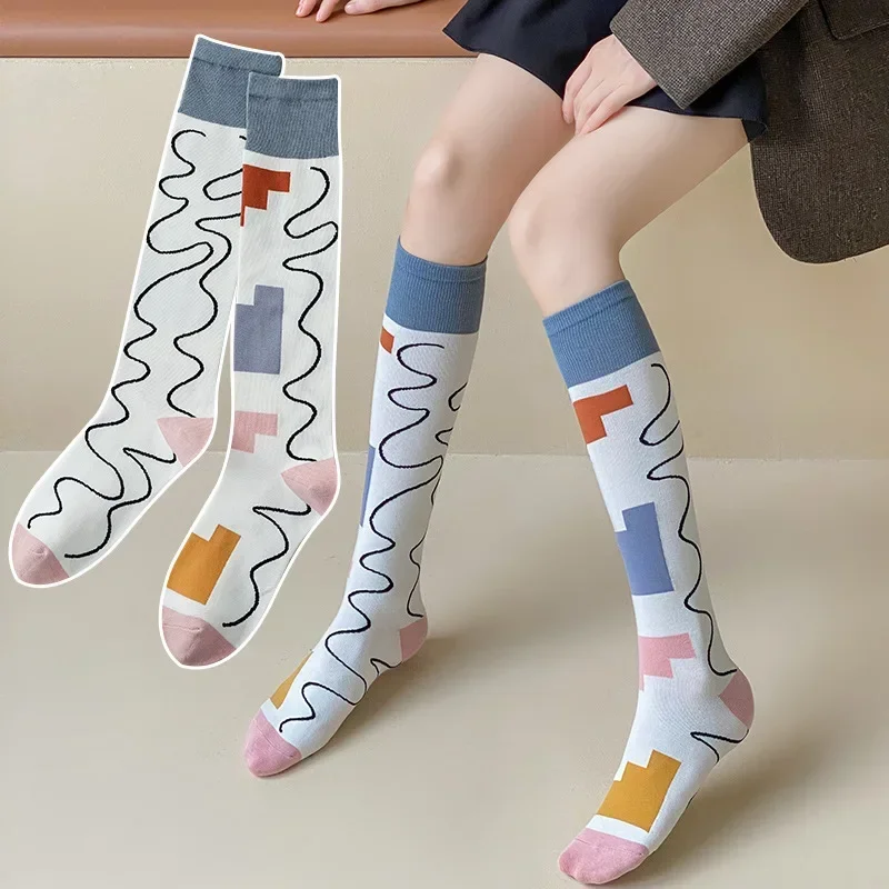 

New Calf Socks High Quality Cotton Japanese Diamond Lattice Jacquard Socks Slim Lolita Comfortable Cute Small Flower Stockings