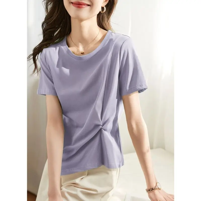 2023 Female Clothing Summer New Fashion Versatile Casual Women's T-shirt Solid Round Neck Pleated Short Sleeve Tops