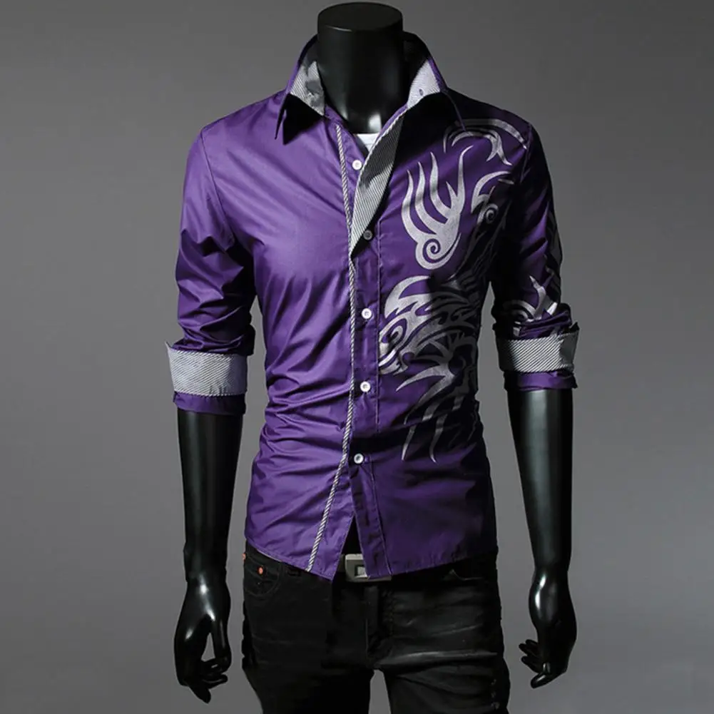 Special  Autumn Shirt Clothes Long Sleeve Men Autumn Top Loong Print Skin-friendly Men Shirt for Stage Show