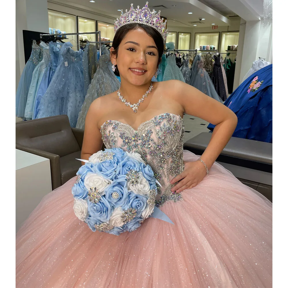 

Классический плотный корсет Quinceanera Dresses Роскошные хрустальные бусины с кружевной наклейкой Съемное бальное платье с бантом сзади Vestidos de 15 años