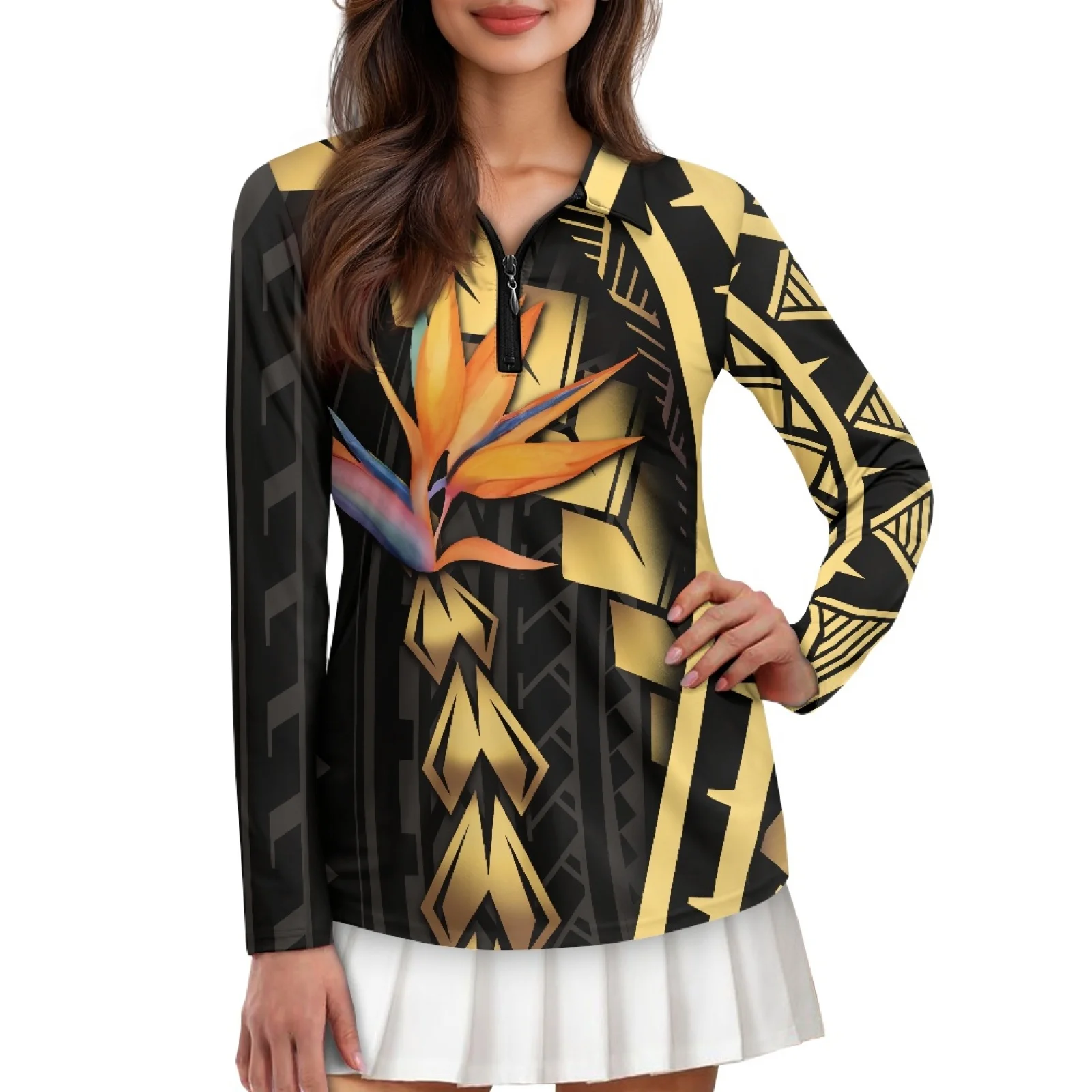 PENSTROLL Womens Bird of Paradise Golf Shirts, Athletic Fit Zip Polo Shirts for Tennis Workout Gym and Casual Outdoor Activities