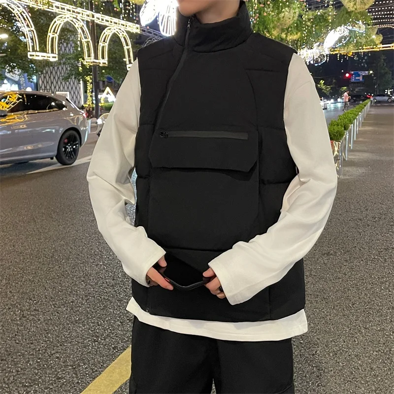 

Мужской модный свободный хлопковый жилет на осень-зиму, теплый, с воротником-стойкой, молодежный, с множеством карманов, с наплечными подушками, приталенный крой для молодежи
