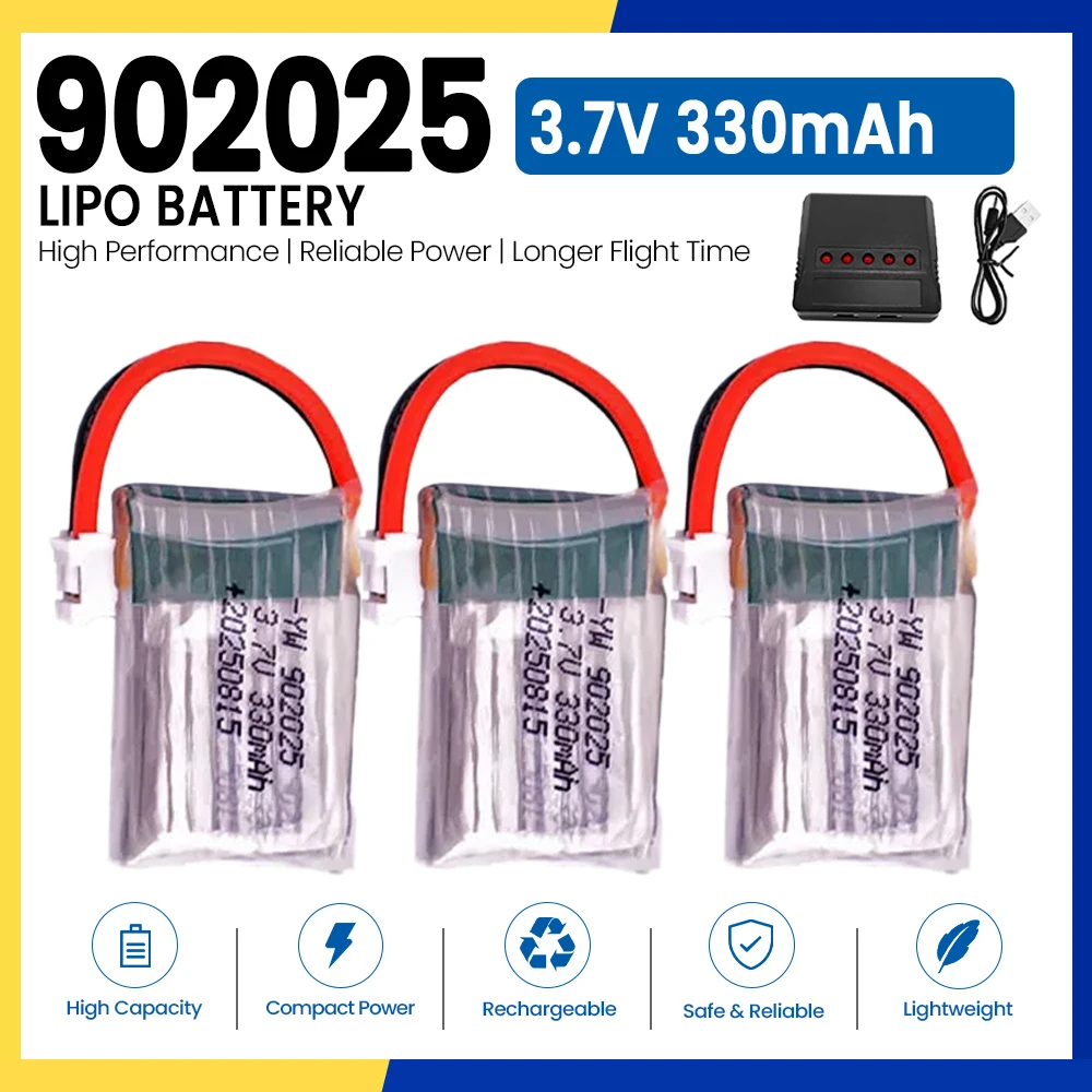 902025 3.7V 330mAh Li-Polymer Battery with Charger PH2.0 Connector for Mini RC Quadcopter RC Car Toy Replacement Pack