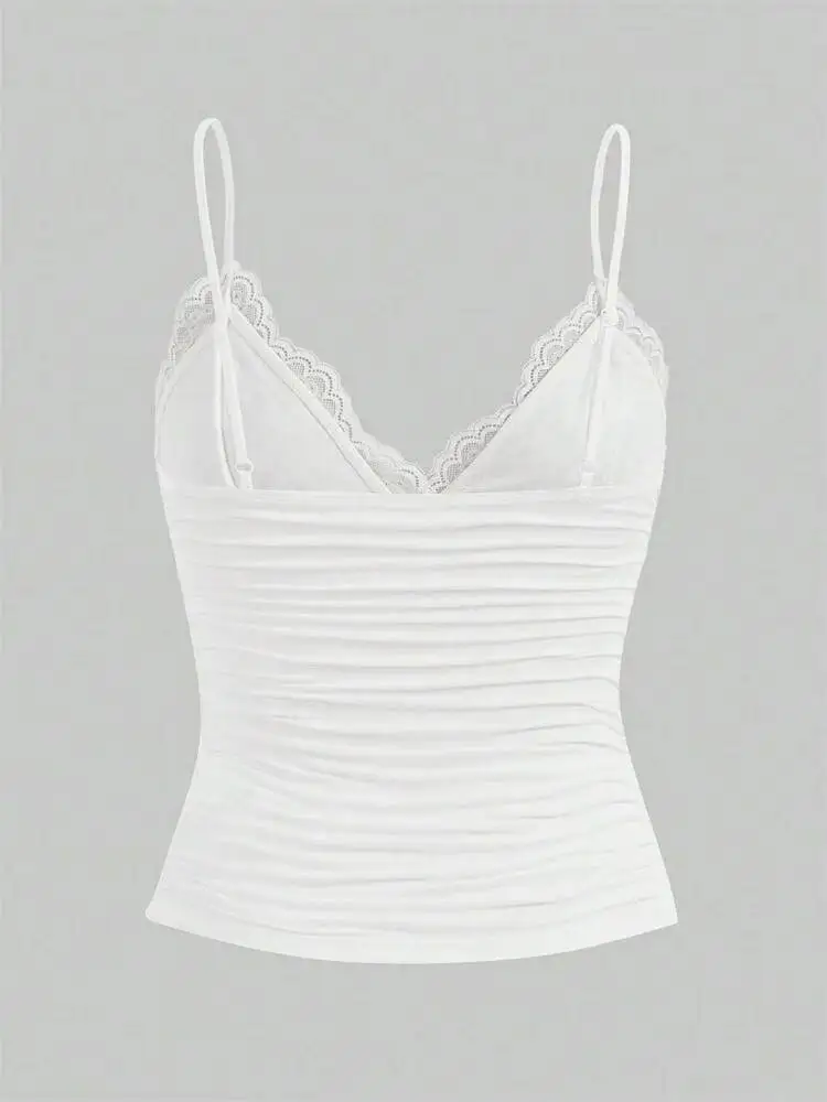 

Сексуальный контрастный кружевной укороченный топ на бретельках с бантом спереди, женская летняя одежда в стиле гранж-панк Y K, обтягивающая футболка с открытой спиной и рюшами