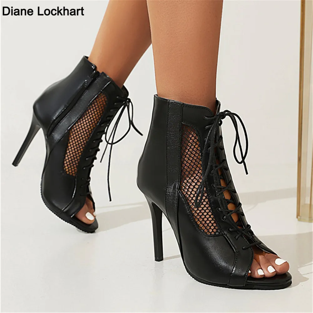 

Women Sandals 2024 High Quality Hollow Mesh Sexy High Heels Open Toe Gladiator Black Summer Boots Dancing Party Sandals Shoes