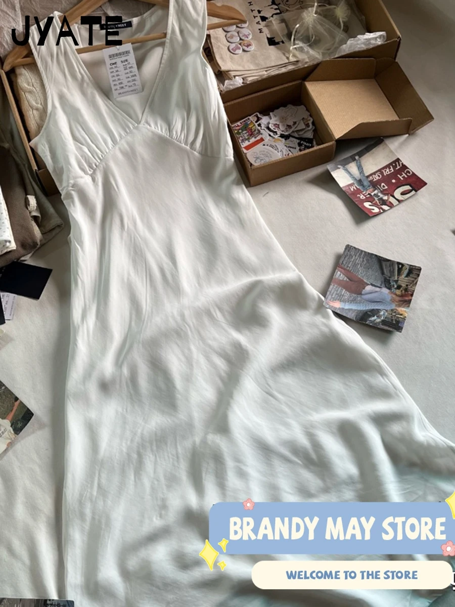 White V-neck Back Lace-up Long Vestidos Women Summer Casual Simple Cute Sleeveless Maxi Dress Sweet Preppy Style Cute Dresses