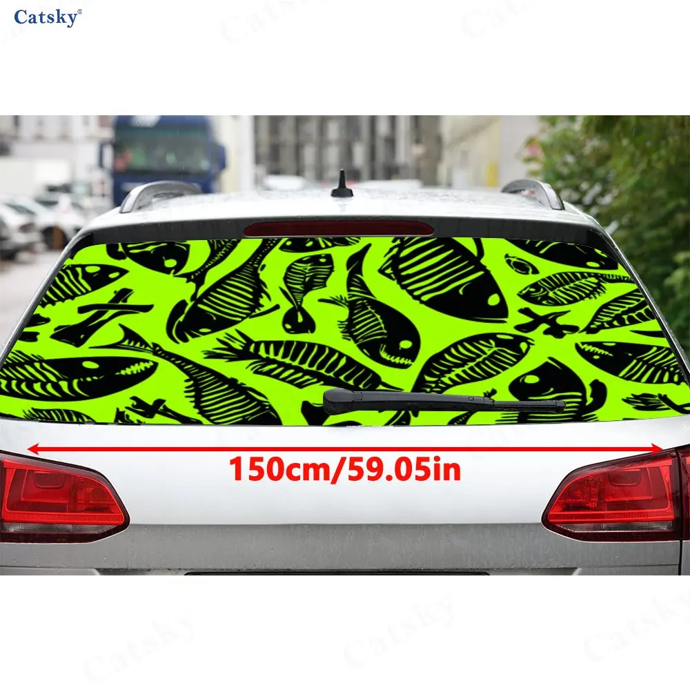 Neon Green Background Black Fishbone PVC Perforated Car Rear Window Vinyl Wraps, Durable Waterproof Car Rear Windshield Sticker