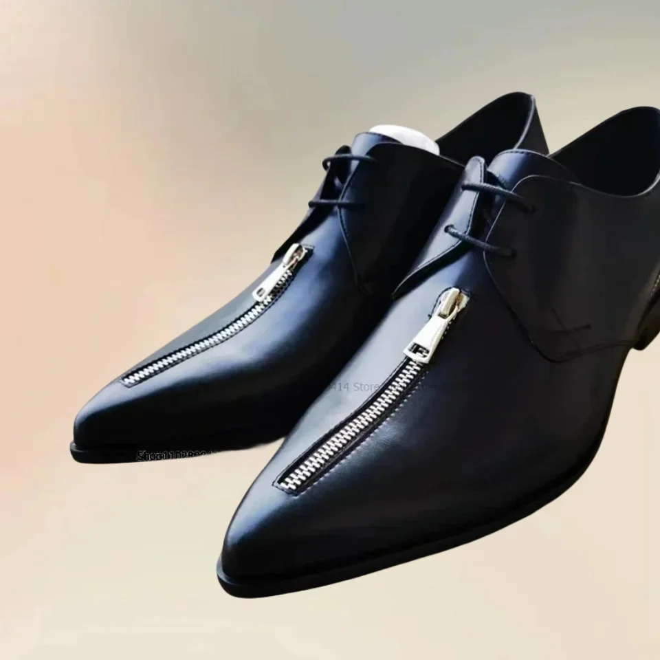 Mocasín negro con purpurina, zapatos de punta estrecha para hombre, decoración con cremallera a la moda, zapatos con cordones para hombre, zapatos Oxford informales de lujo novedosos para hombre