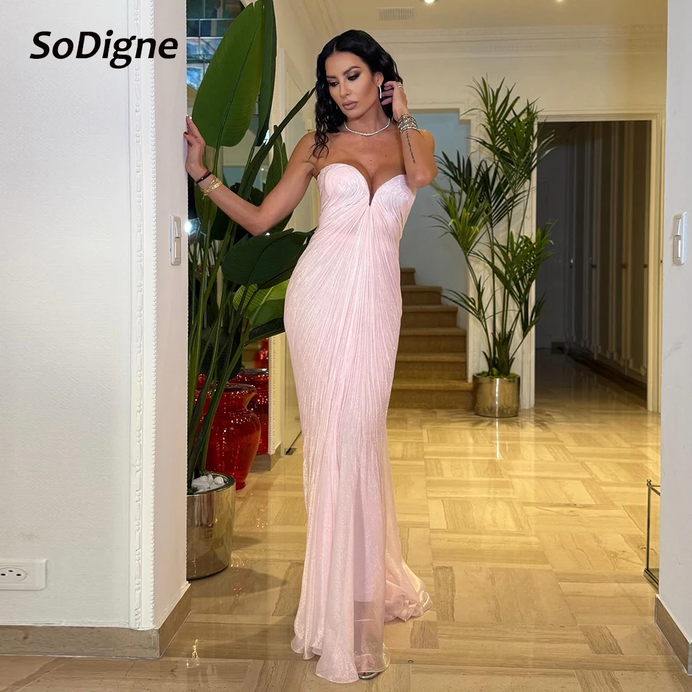

SoDigne Mermaid Glitter Arab Prom Dress Sweetheart Sleeveless Evening Dresses Pleat Long Formal Gowns Robe De Mairee Customized