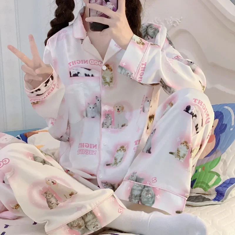 Blauw Nieuwe Cartoon Kat Schattig Huisdier Korte Mouw Shorts Pyjama Comfortabele Huiskleding Kawaii Koreaanse Stijlvolle Huiskleding Satijn Zijde