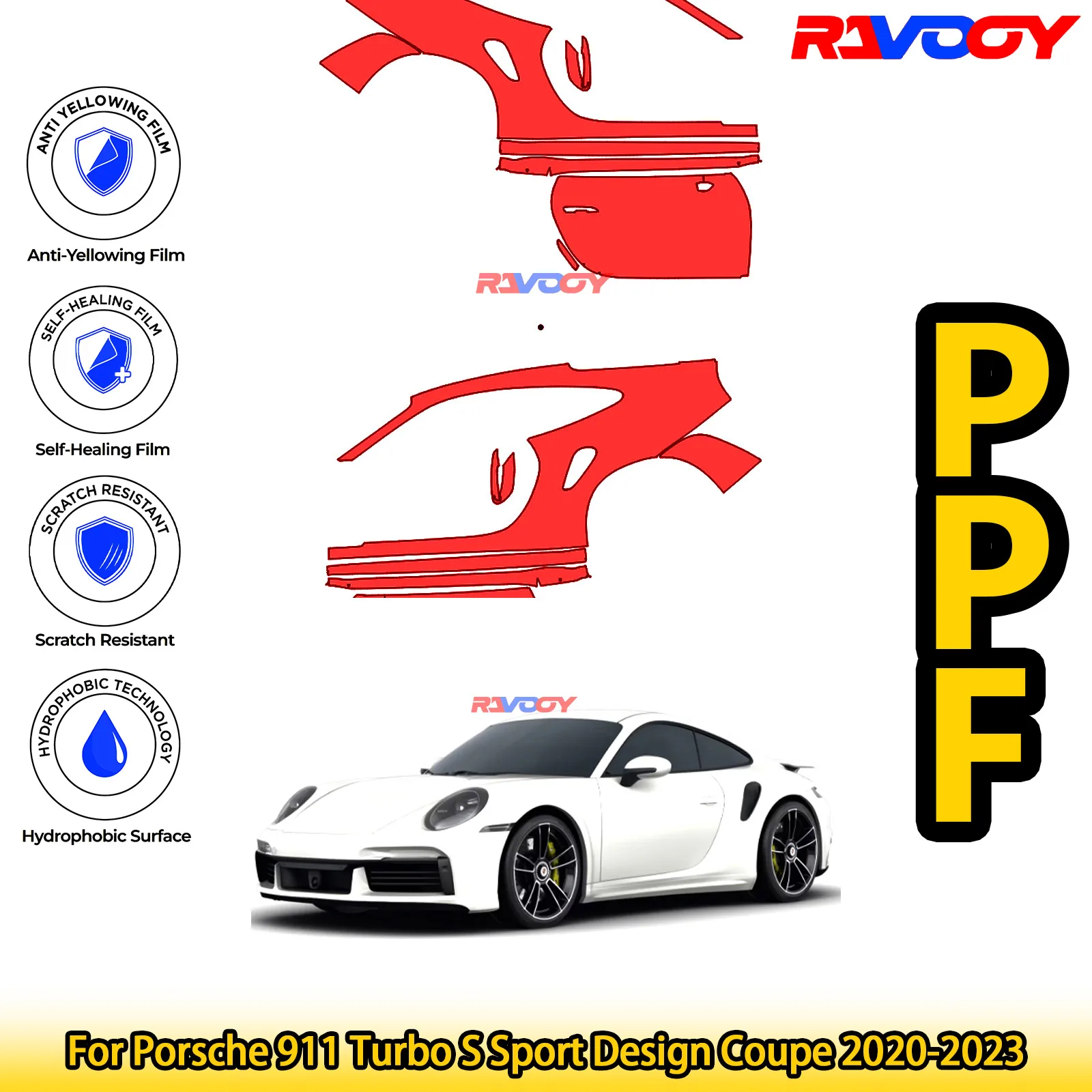 

For Porsche 911 Turbo S Sport Design Coupe 2020-2023 Glossy Matte Black Precut front PPF Kit Paint Protection Film