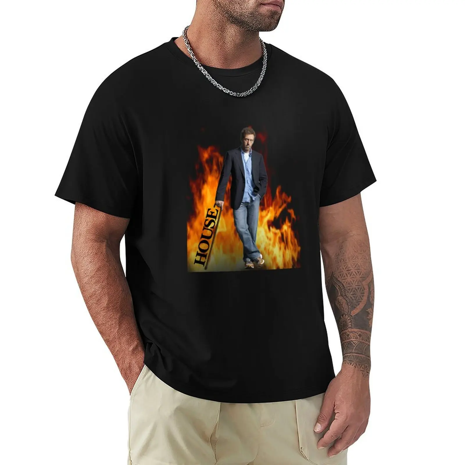 

House MD leaning with cane “HOUSE” text and flames in background T-Shirt man t shirt Short sleeve tee Men's t-shirt