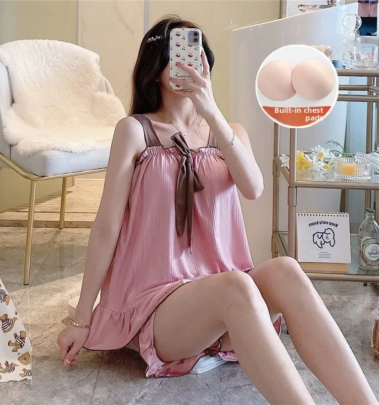 

Summer Cotton Sleepwear Women's Sweet Cute Vest Thin Home Clothes Two-piece Set Can Be Worn outside with Pad Chest Home Clothes
