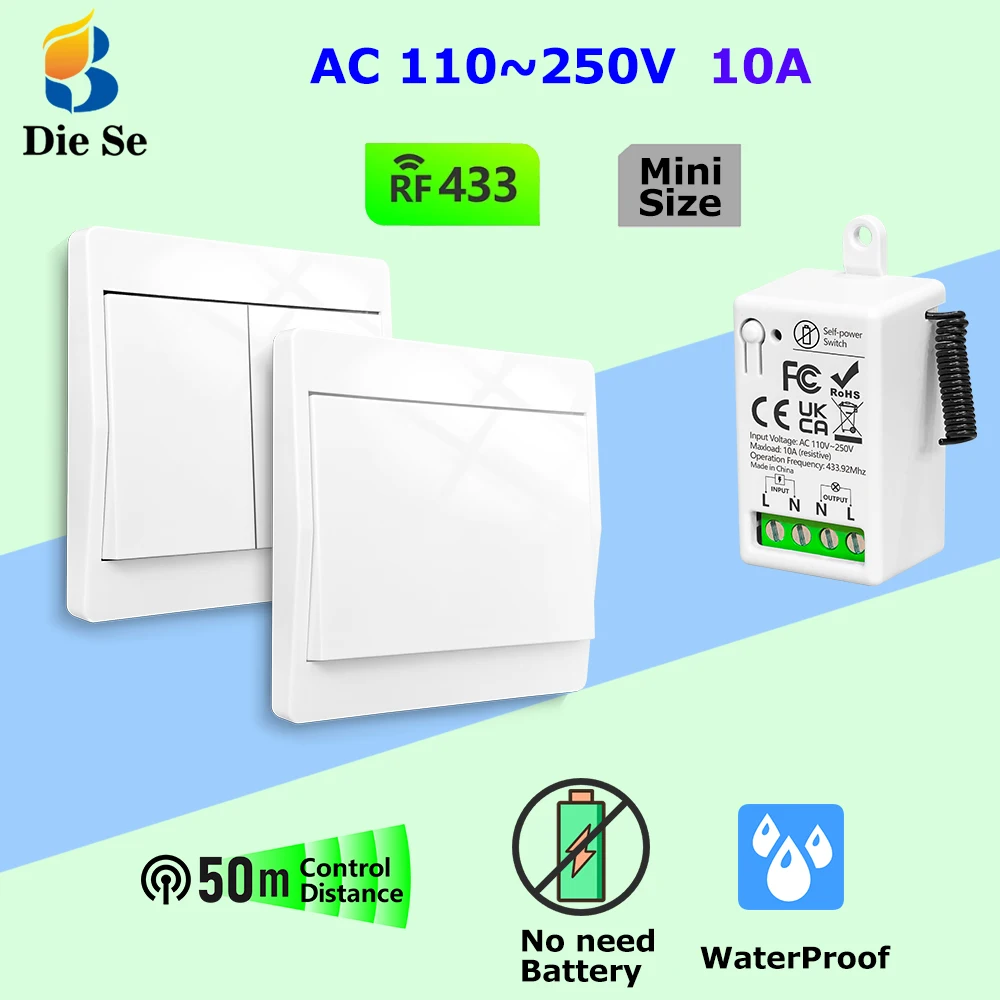 433MHz Wireless Self-Powered Light Switch AC 110V 220V Receiver RF 86 Wall Switch No Need Battery for Home Appliance LED Lamp